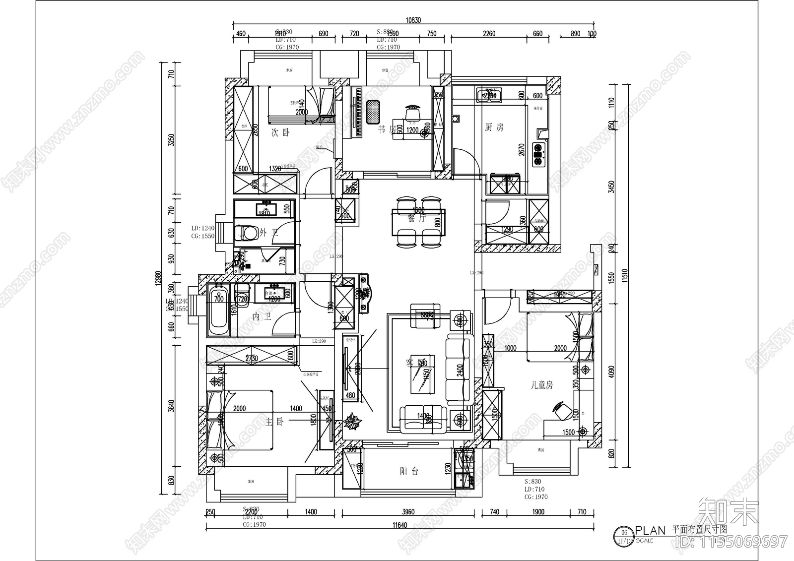 142㎡四室两厅美cad施工图下载【ID:1155069697】