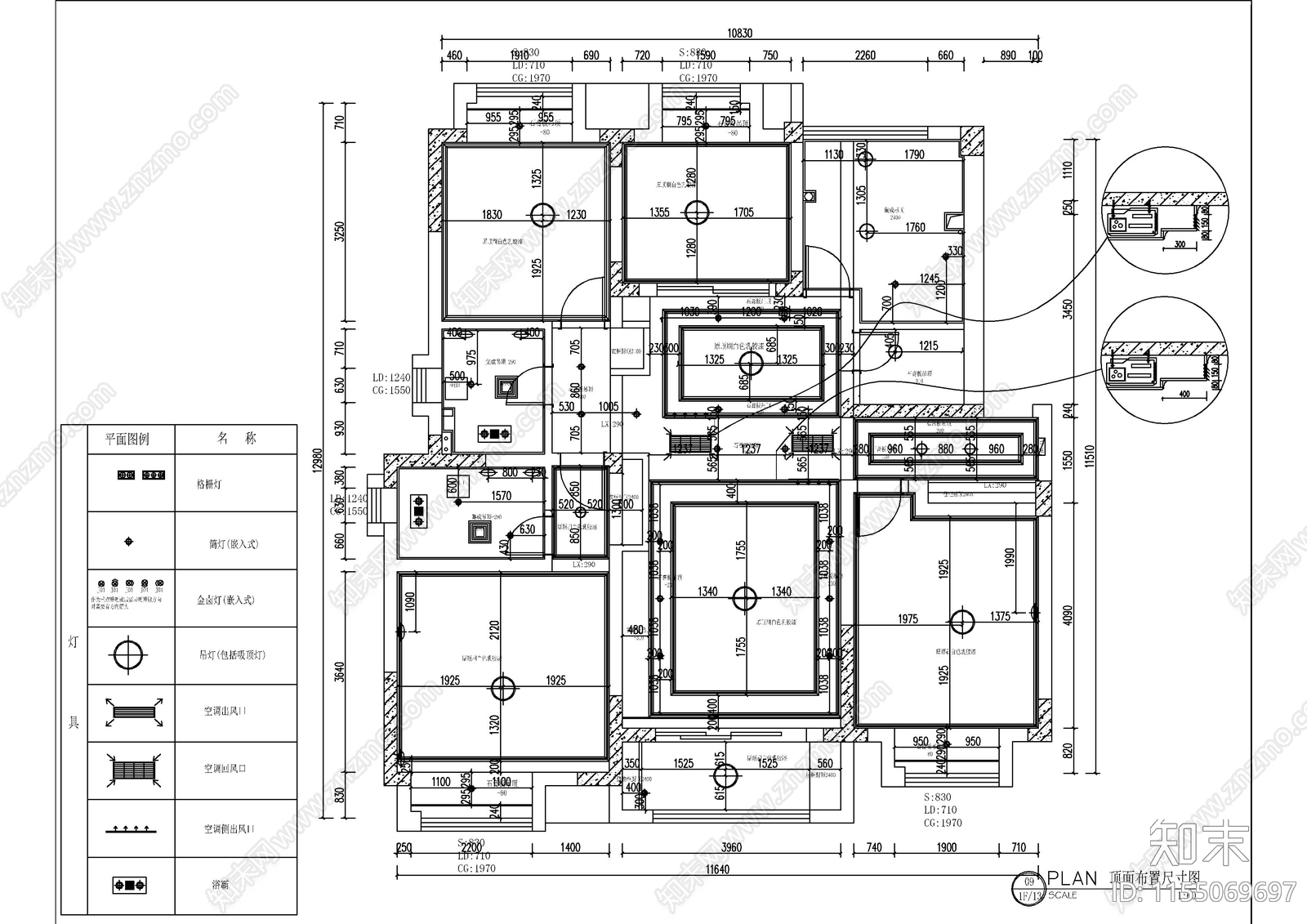 142㎡四室两厅美cad施工图下载【ID:1155069697】