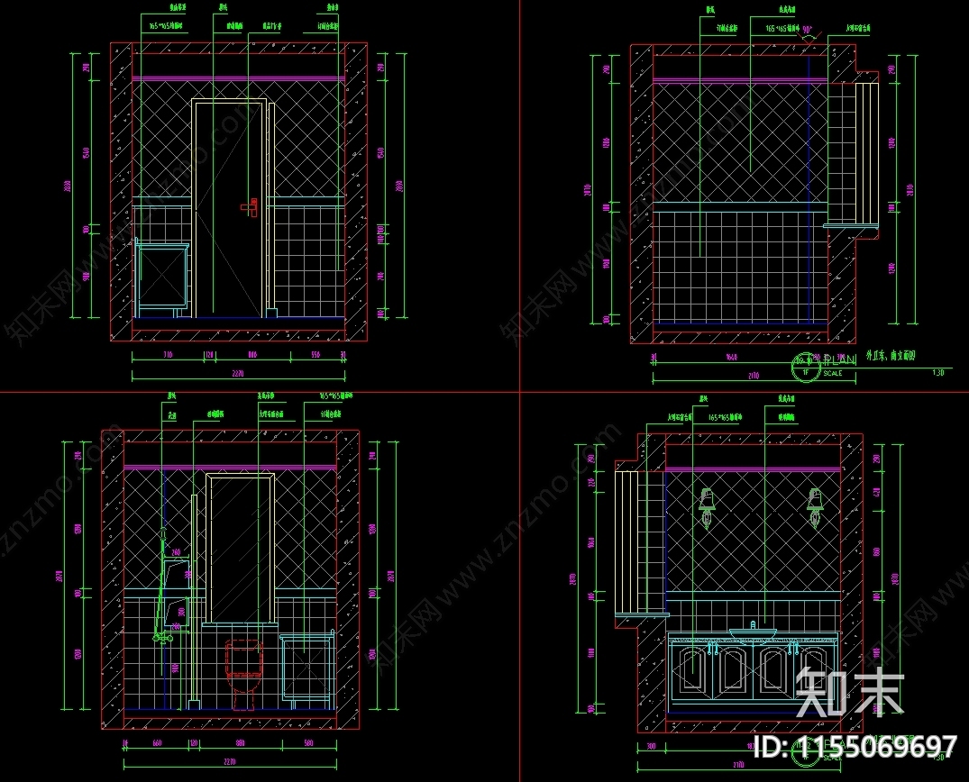 142㎡四室两厅美cad施工图下载【ID:1155069697】