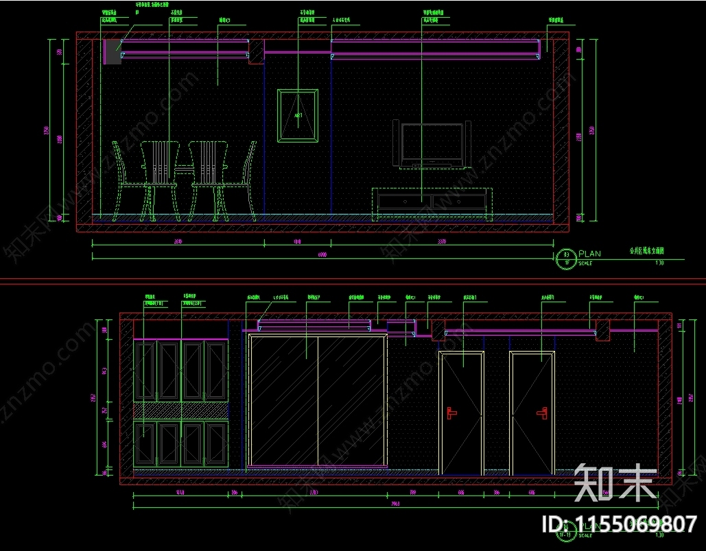 110㎡三室两厅美式cad施工图下载【ID:1155069807】