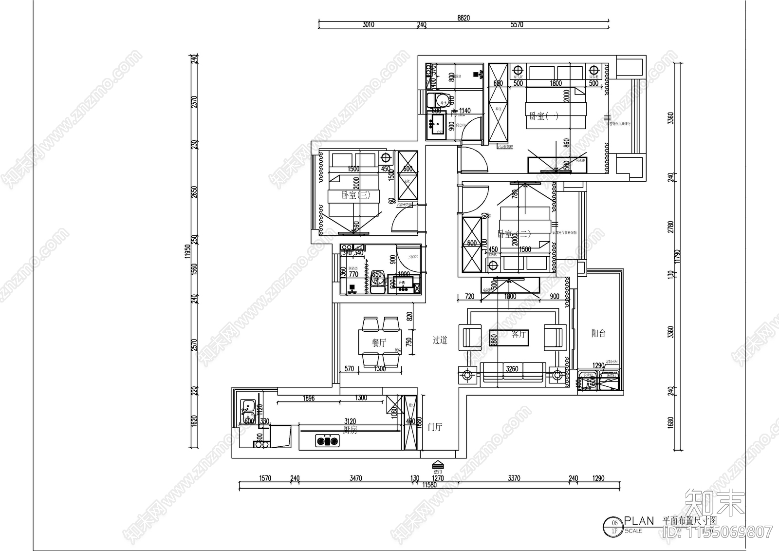 110㎡三室两厅美式cad施工图下载【ID:1155069807】