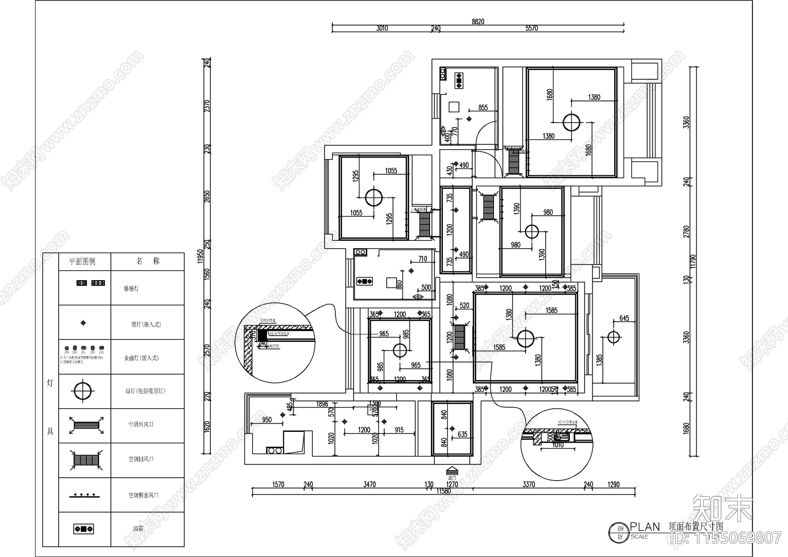 110㎡三室两厅美式cad施工图下载【ID:1155069807】