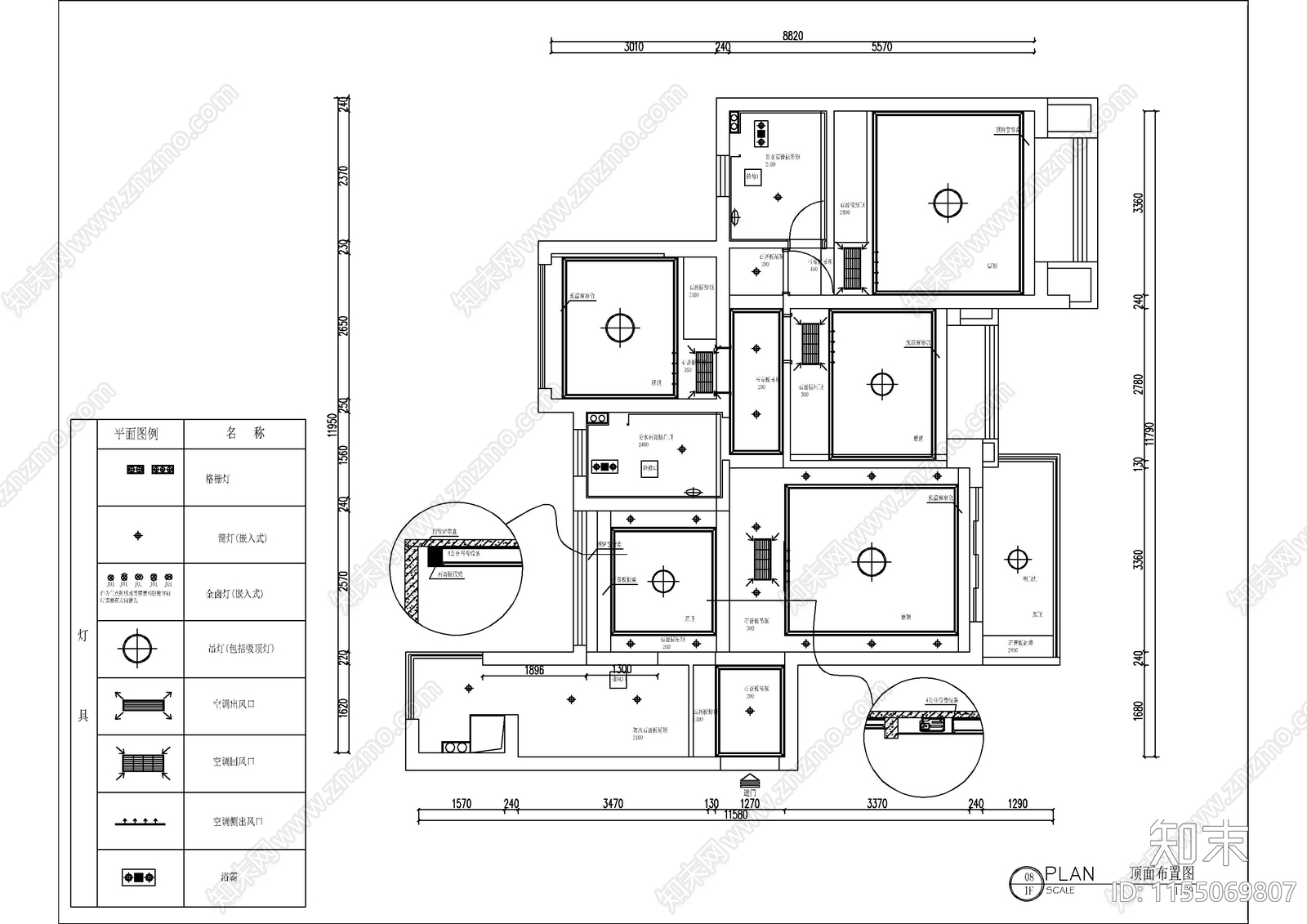 110㎡三室两厅美式cad施工图下载【ID:1155069807】