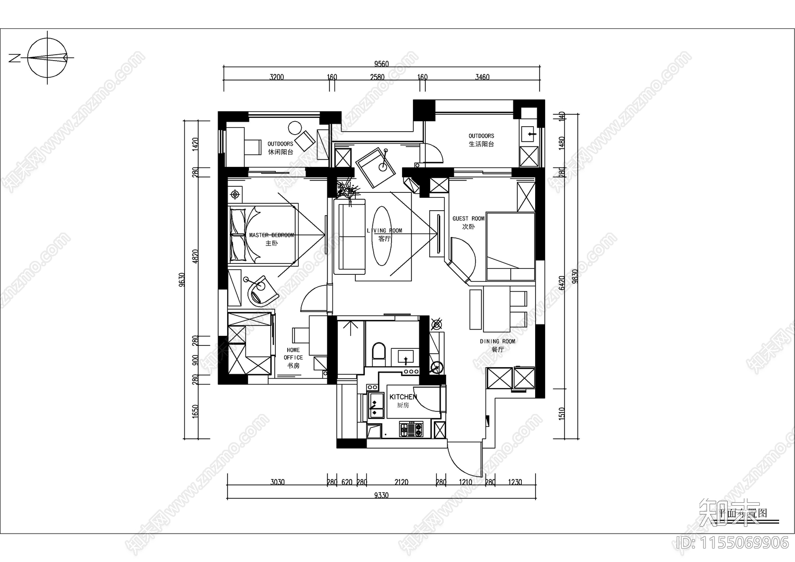 两室两厅91㎡北欧装修图cad施工图下载【ID:1155069906】