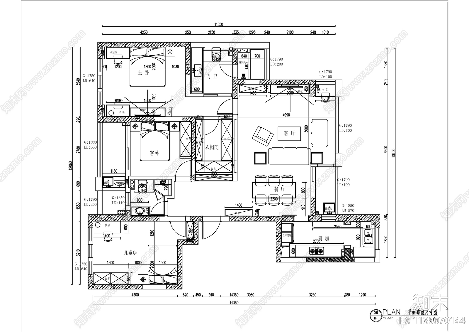 142㎡北欧cad施工图下载【ID:1155070144】