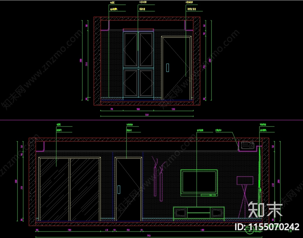 100㎡北欧两室两厅cad施工图下载【ID:1155070242】