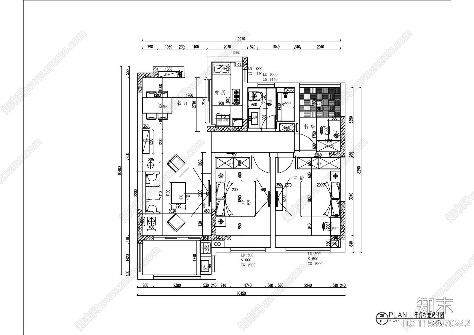 100㎡北欧两室两厅cad施工图下载【ID:1155070242】