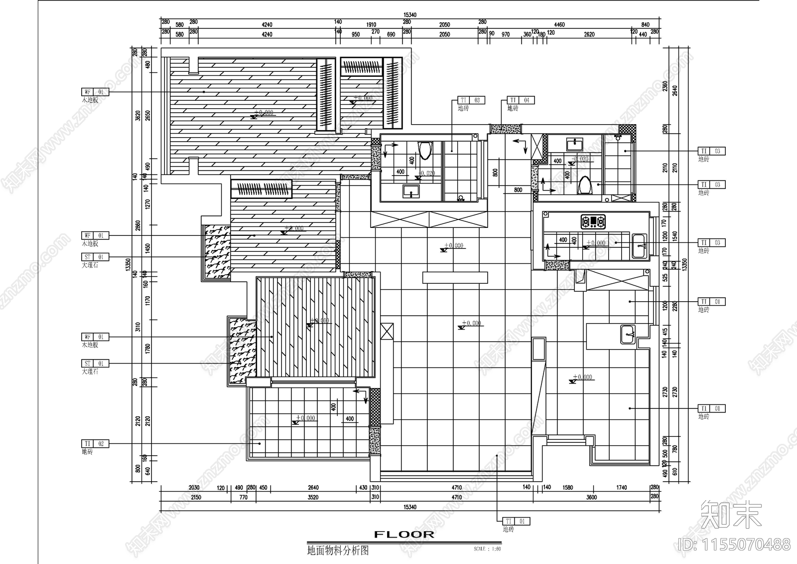 170㎡北欧三室两厅cad施工图下载【ID:1155070488】