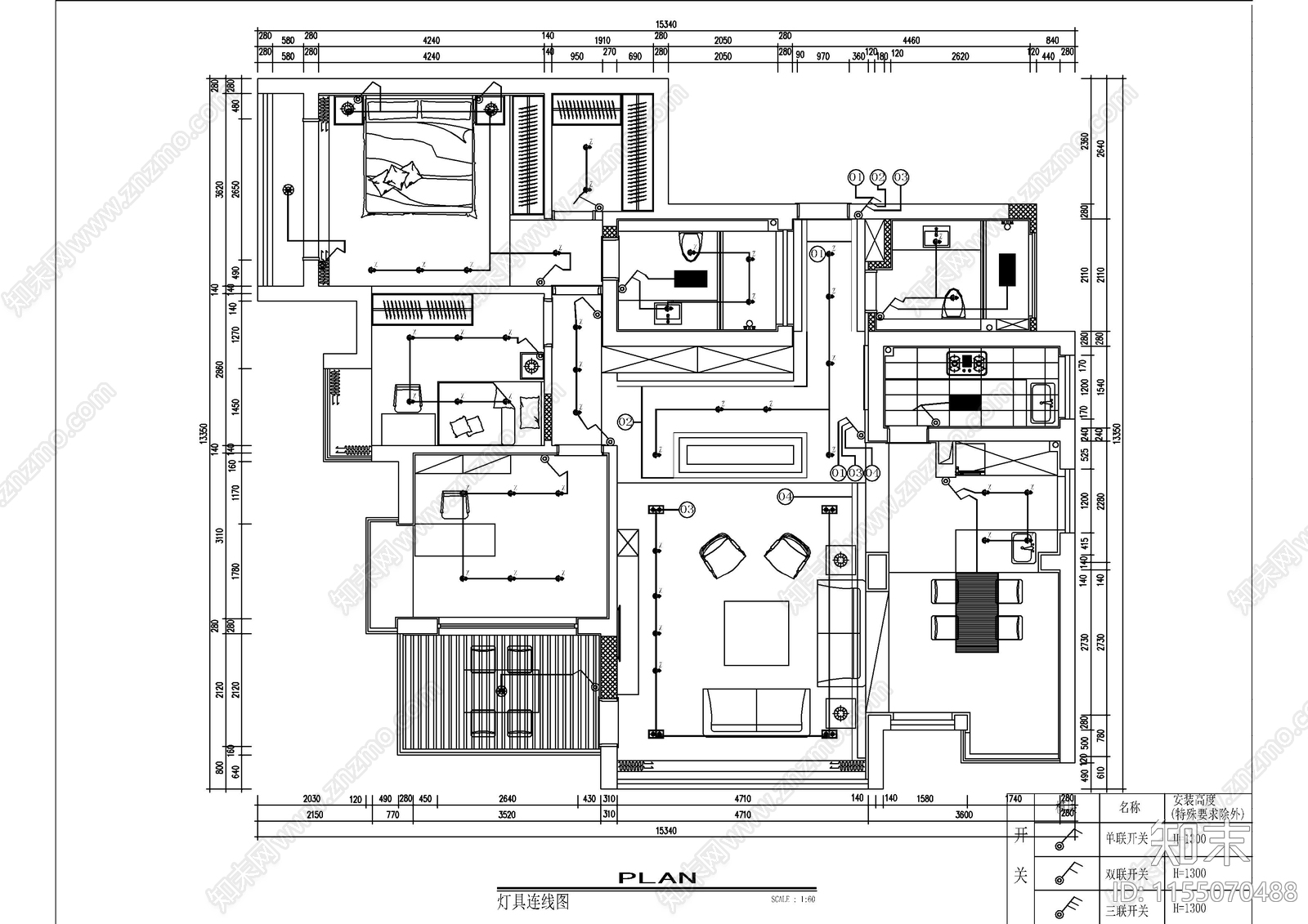 170㎡北欧三室两厅cad施工图下载【ID:1155070488】