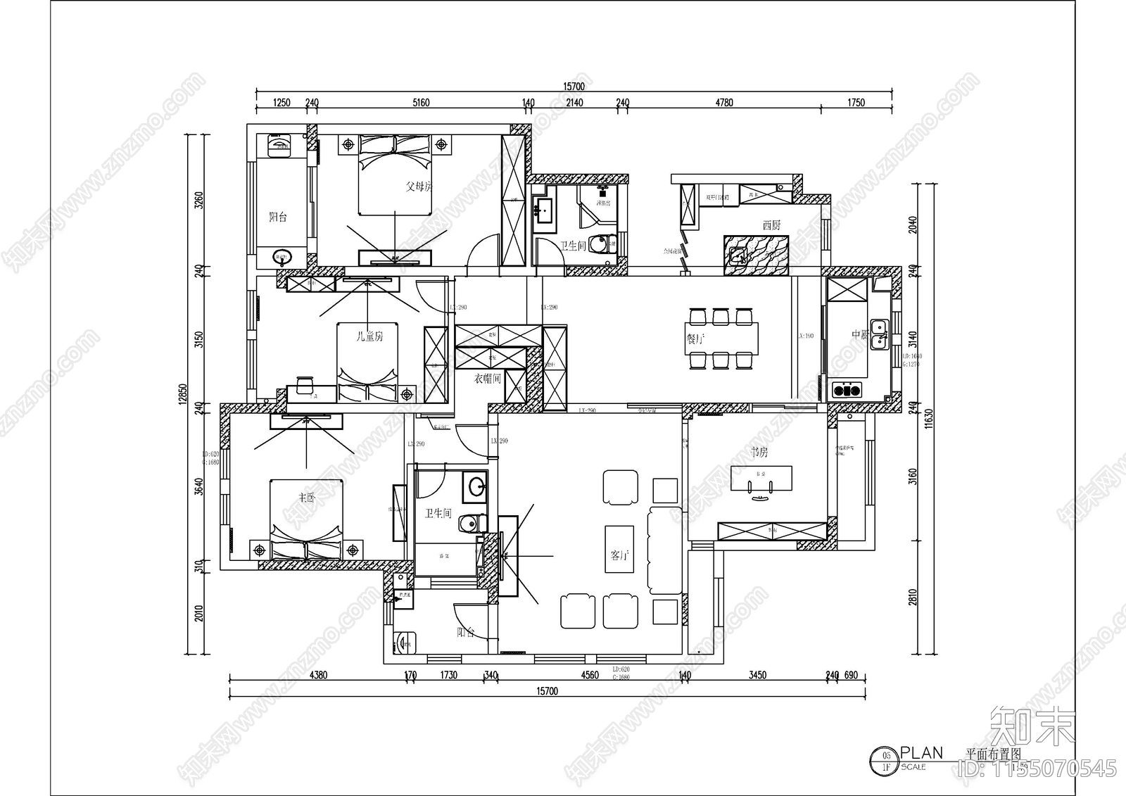 180㎡北欧四室两厅cad施工图下载【ID:1155070545】