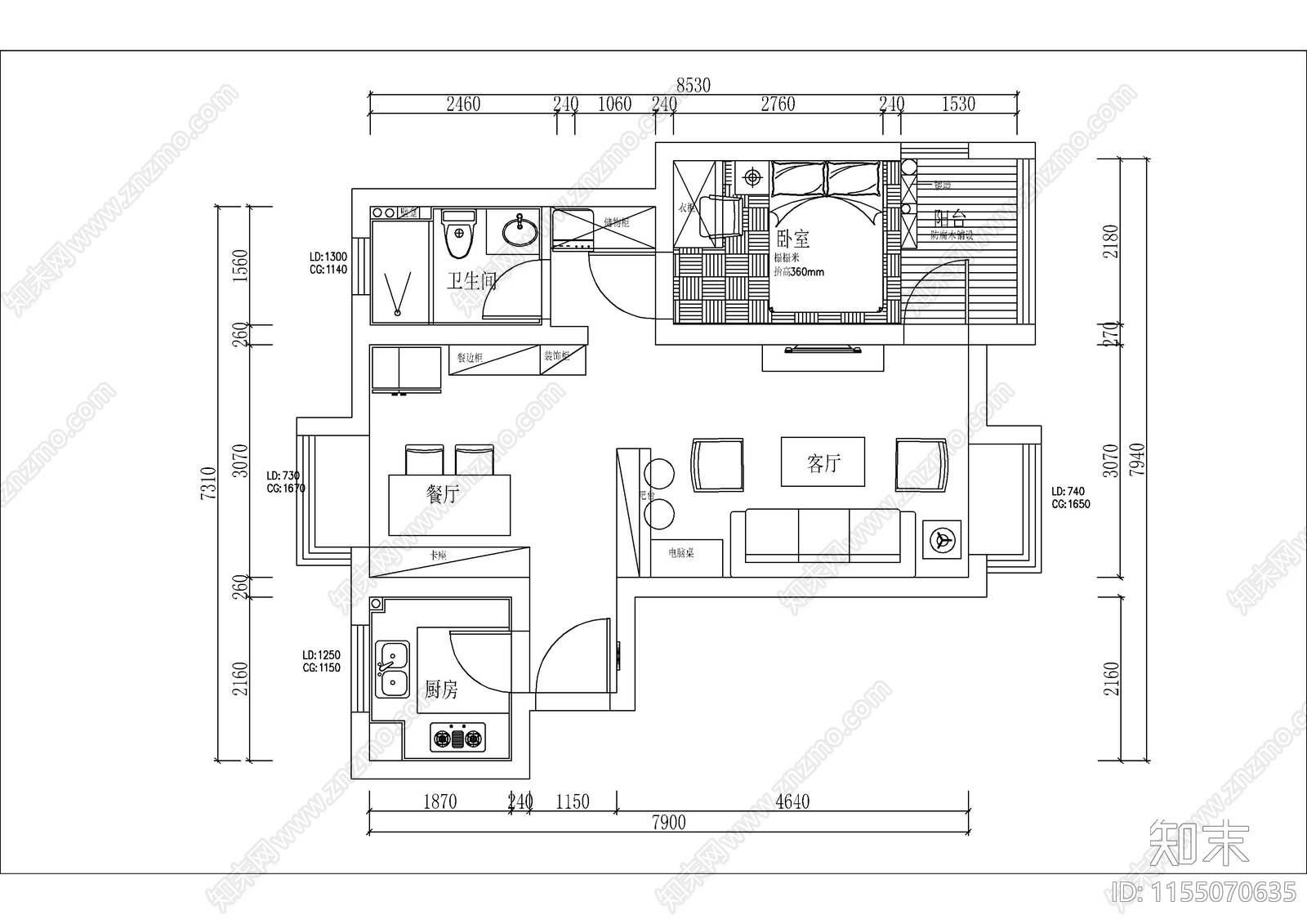 60㎡北欧一室一厅装修图cad施工图下载【ID:1155070635】
