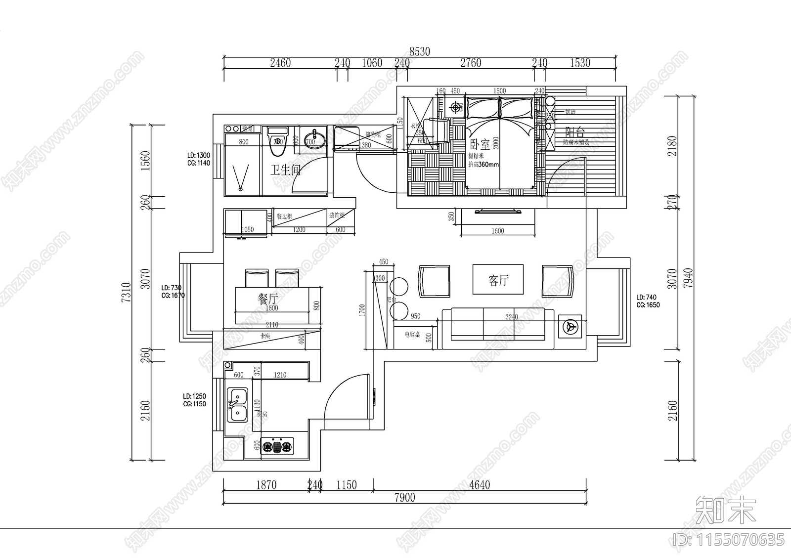 60㎡北欧一室一厅装修图cad施工图下载【ID:1155070635】