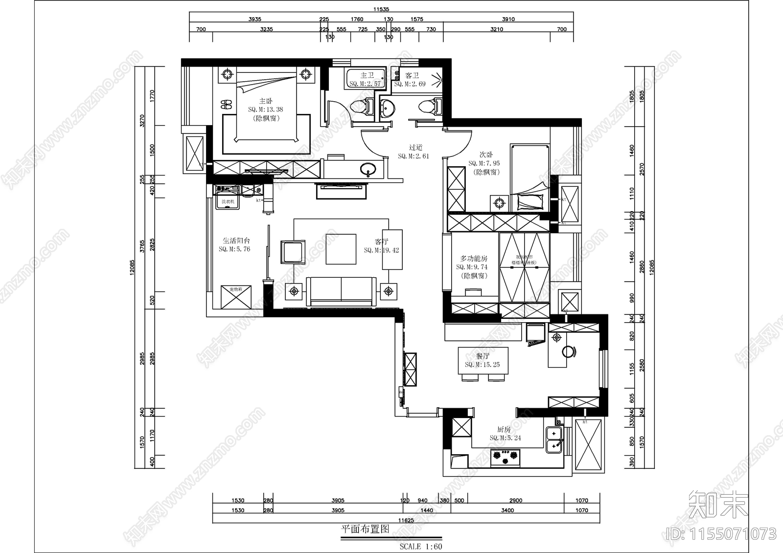 120㎡欧式三室两厅CADcad施工图下载【ID:1155071073】