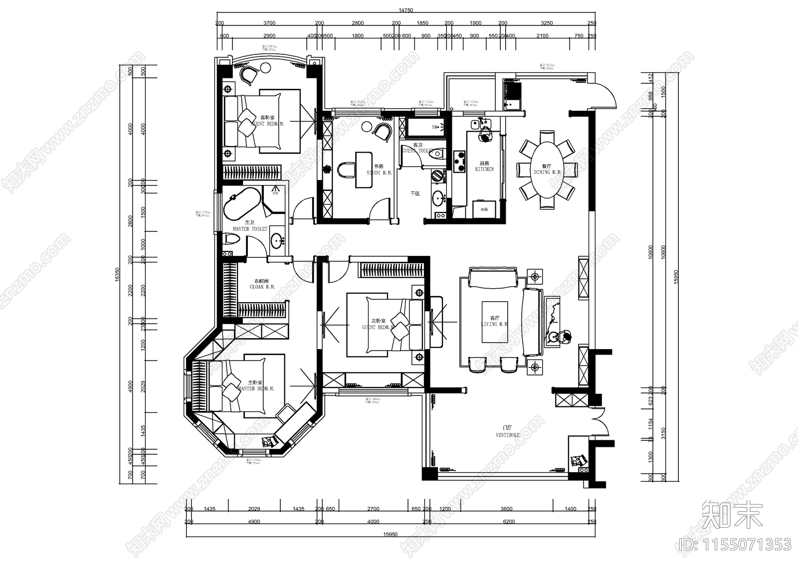 200㎡欧式四室两厅cad施工图下载【ID:1155071353】