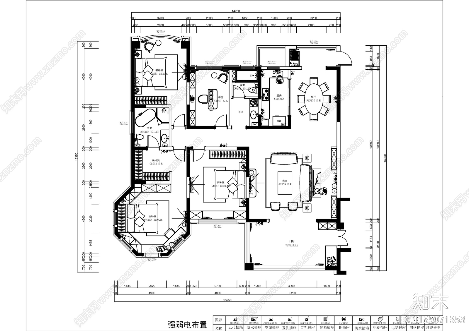 200㎡欧式四室两厅cad施工图下载【ID:1155071353】