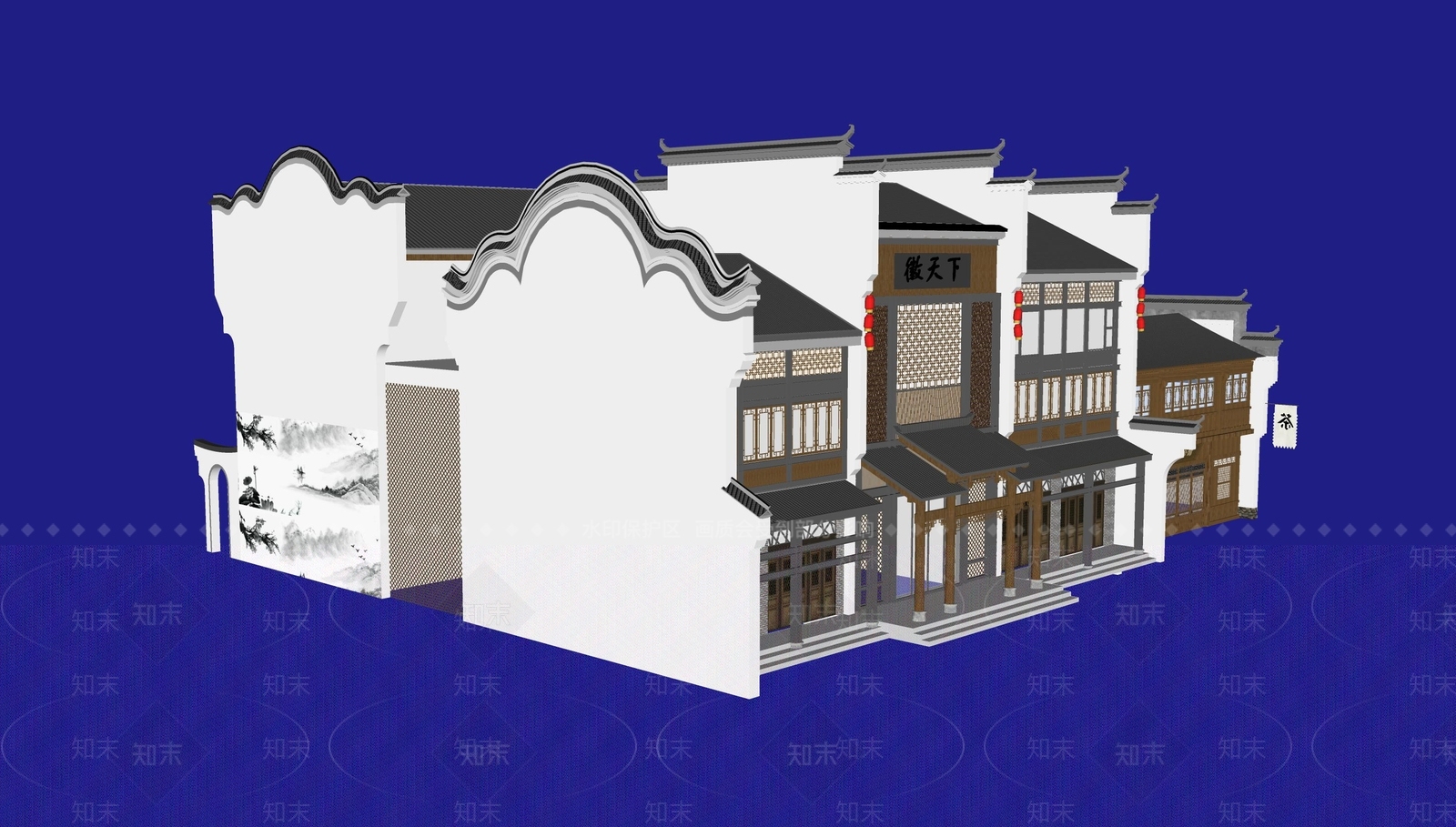 新中式马头墙酒店建筑SU模型下载【ID:1155073064】