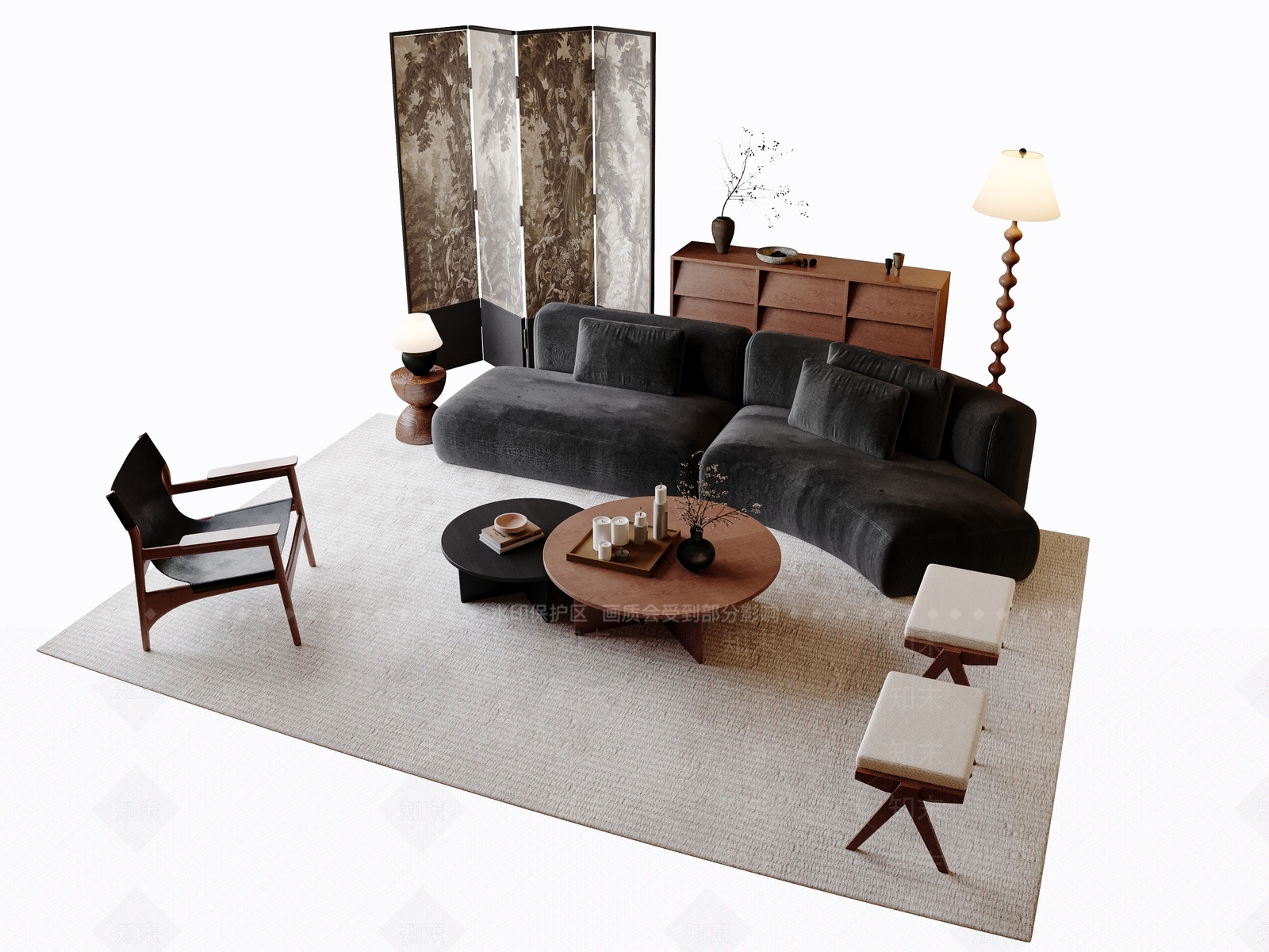 侘寂中古沙发组合SU模型下载【ID:1155075957】