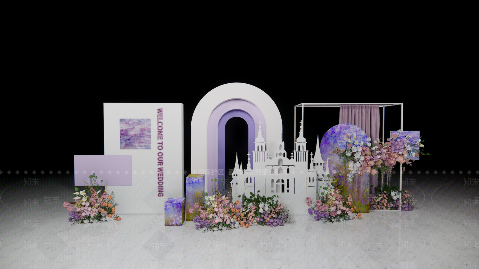 现代紫色莫奈城堡婚礼合影区美陈SU模型下载【ID:1155101137】