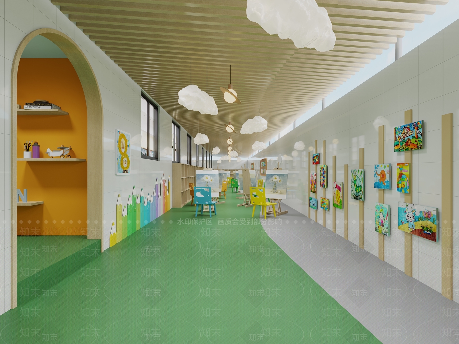 现代幼儿园书画长廊3D模型下载【ID:1155103388】