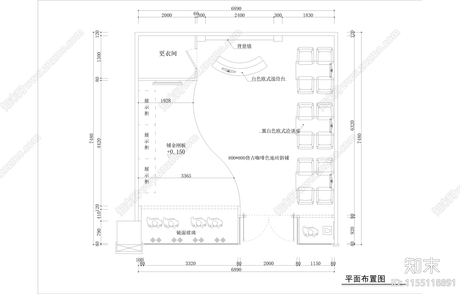 53平米时尚浪漫婚纱店面室内cad施工图下载【ID:1155118891】