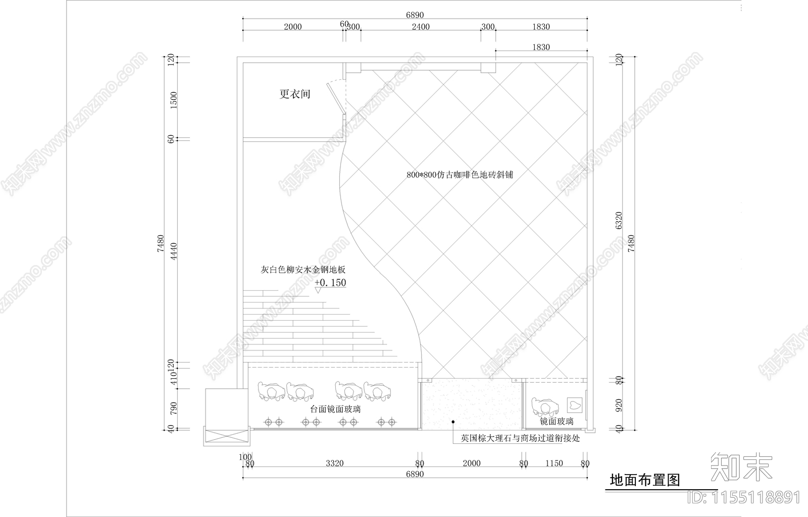 53平米时尚浪漫婚纱店面室内cad施工图下载【ID:1155118891】