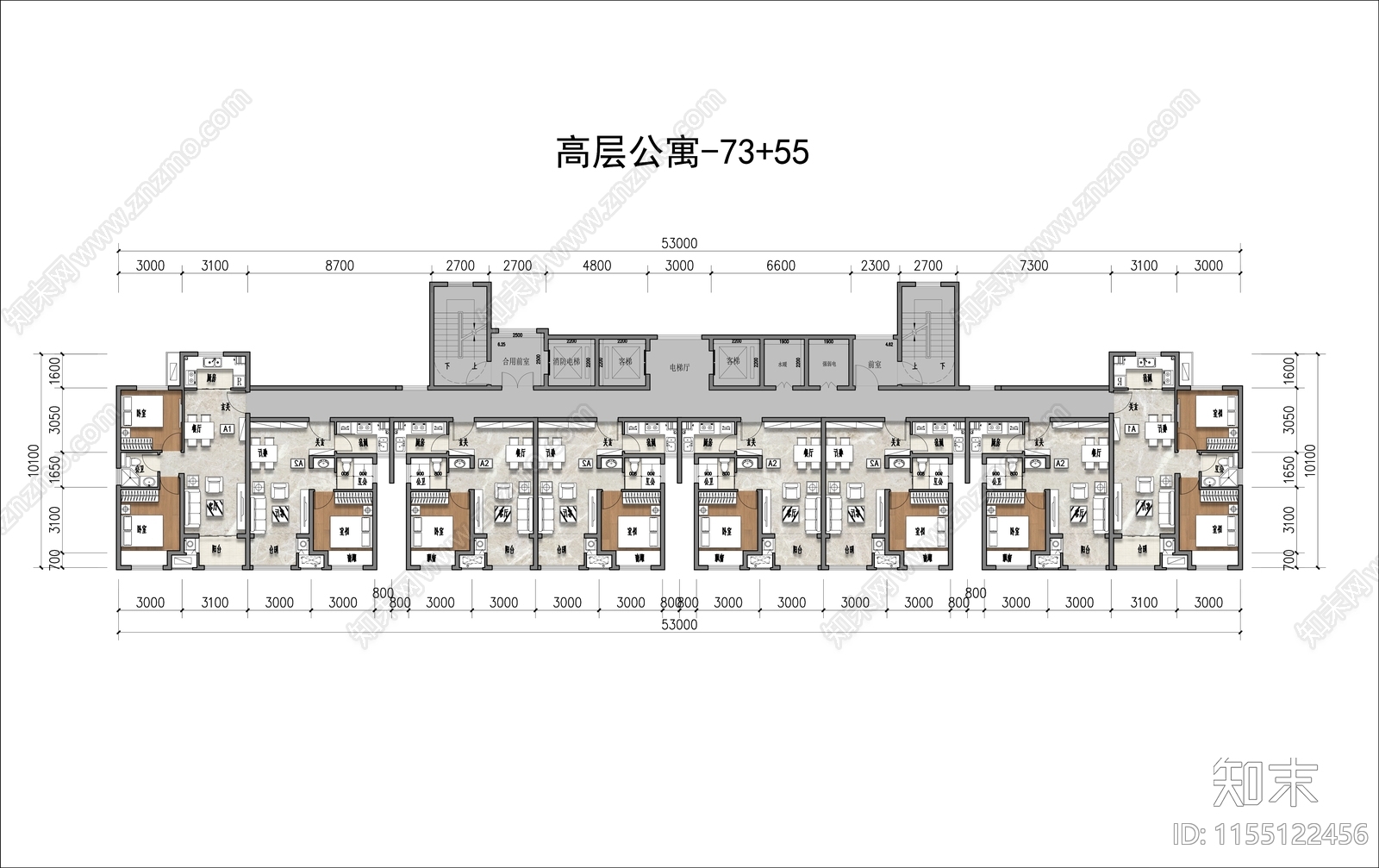 高层公寓73平55平施工图下载【ID:1155122456】