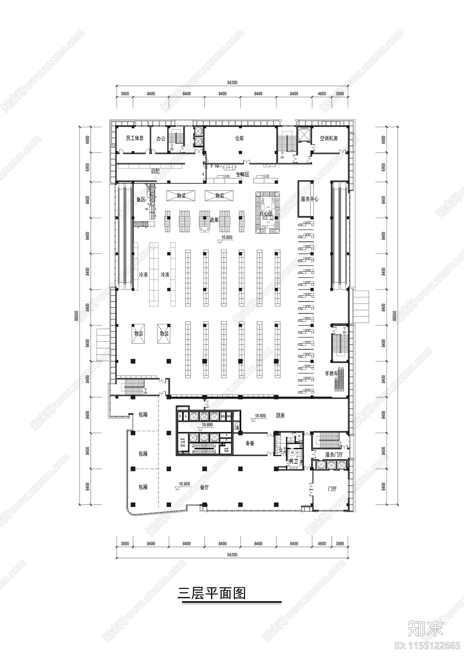 三层超市平面cad施工图下载【ID:1155122665】