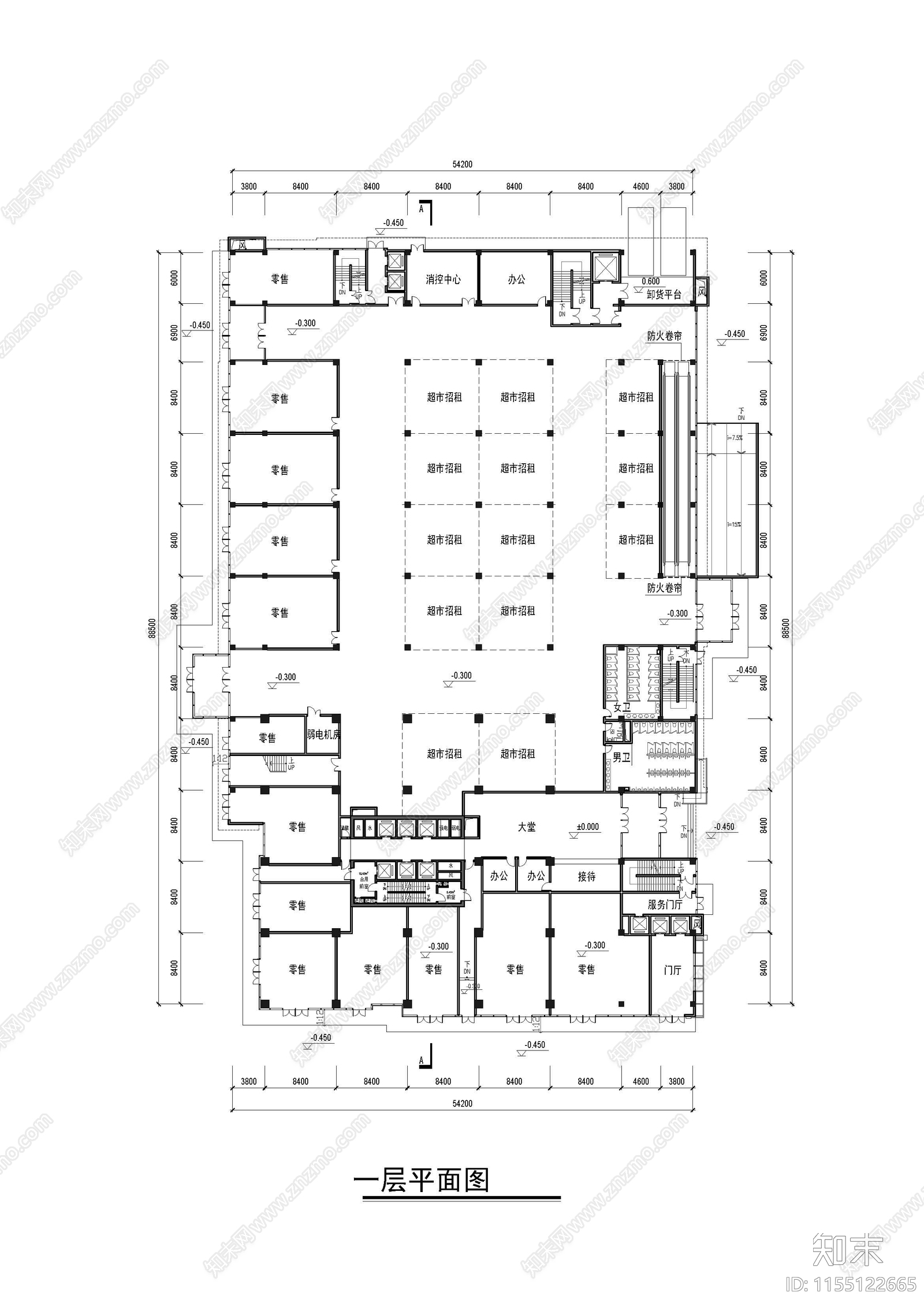 三层超市平面cad施工图下载【ID:1155122665】