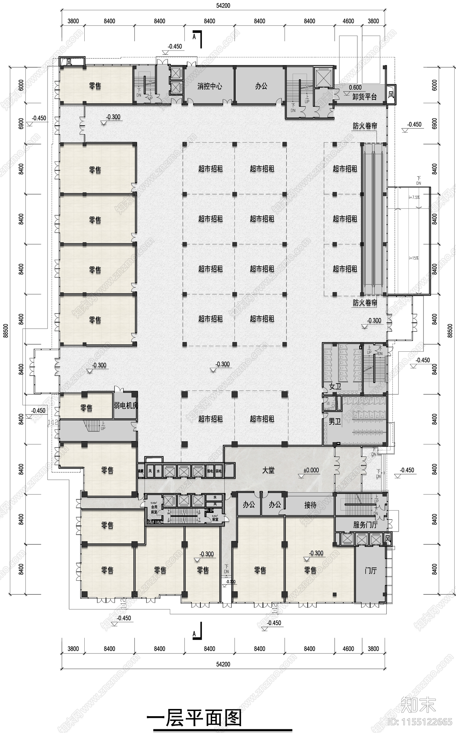 三层超市平面cad施工图下载【ID:1155122665】