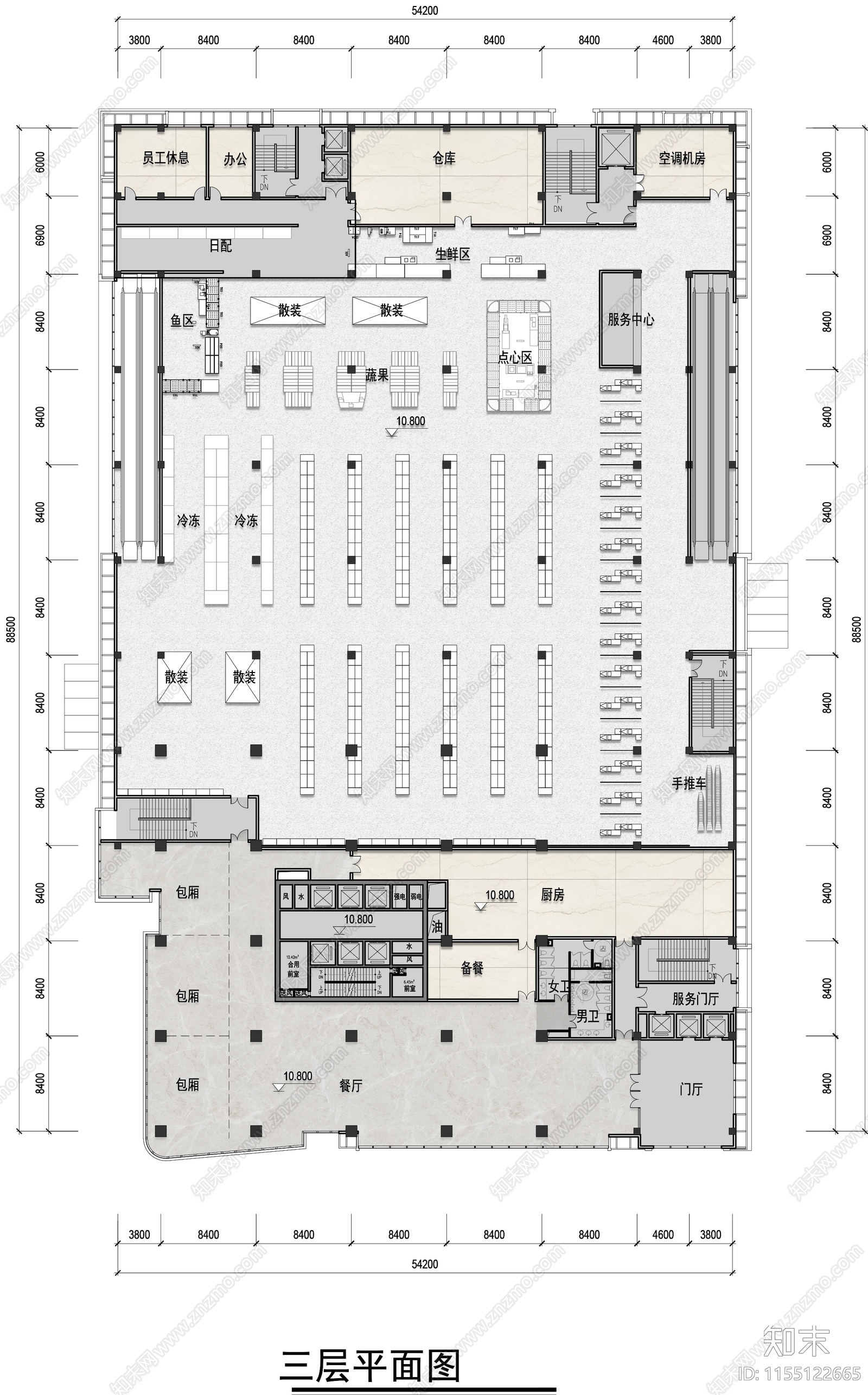 三层超市平面cad施工图下载【ID:1155122665】