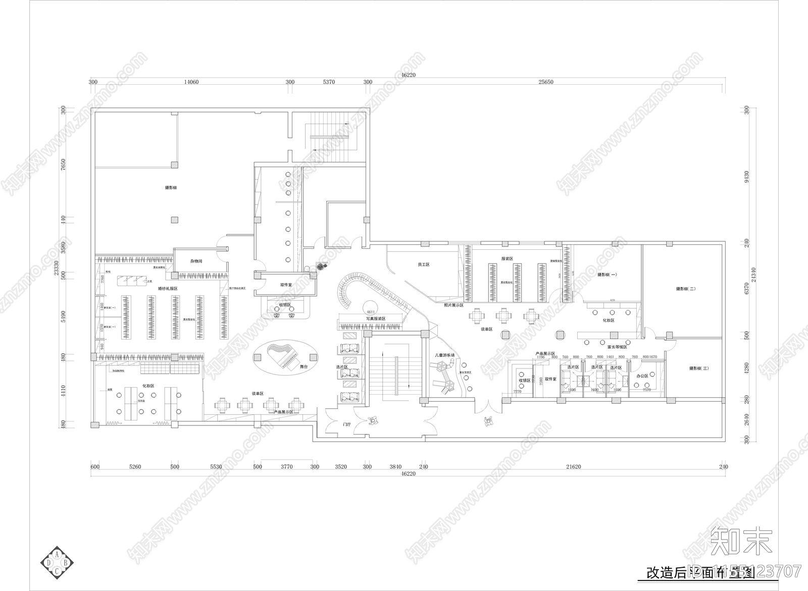 850平现代时尚婚纱摄影工作室cad施工图下载【ID:1155123707】