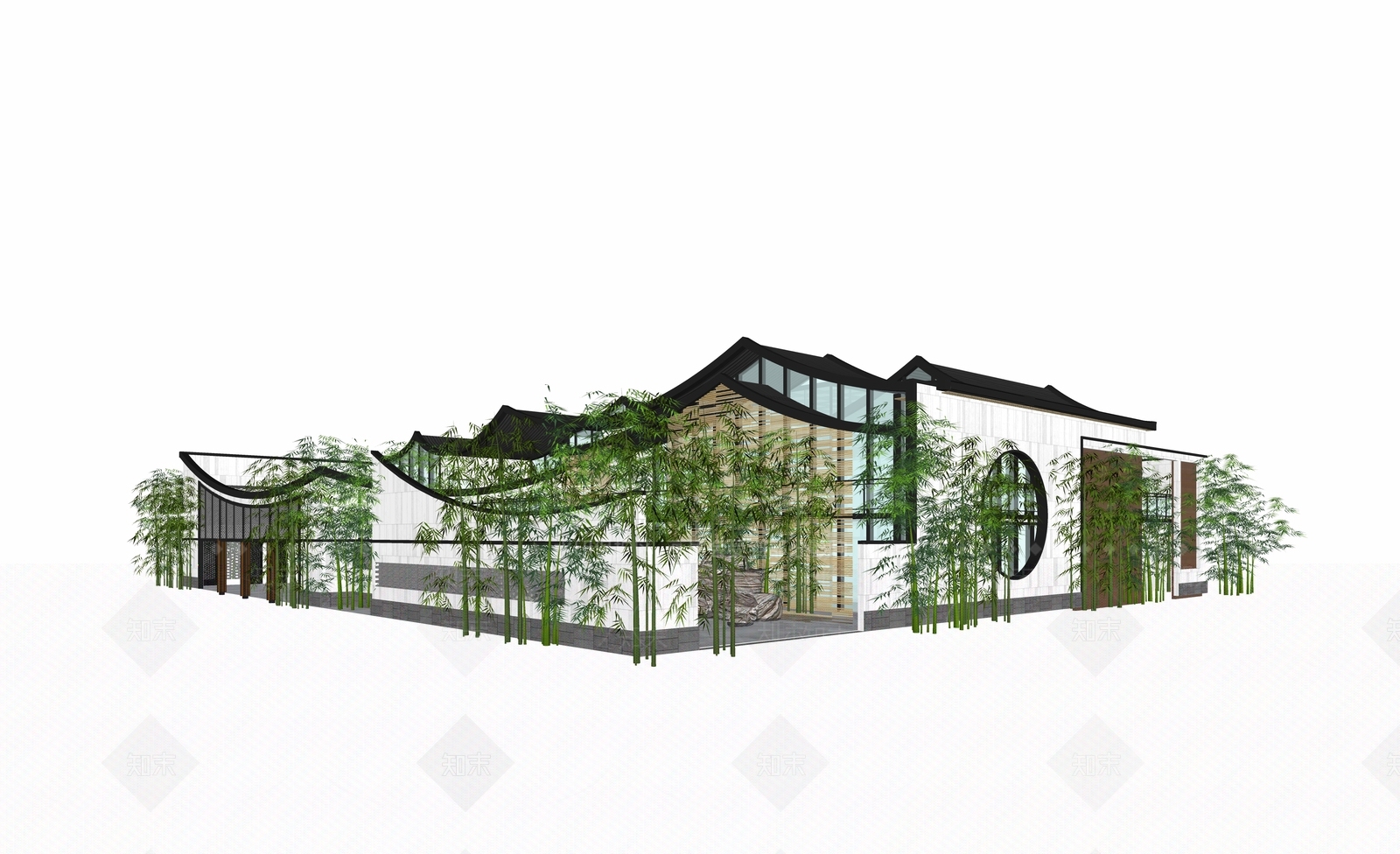 新中式会所建筑SU模型下载【ID:1155130881】