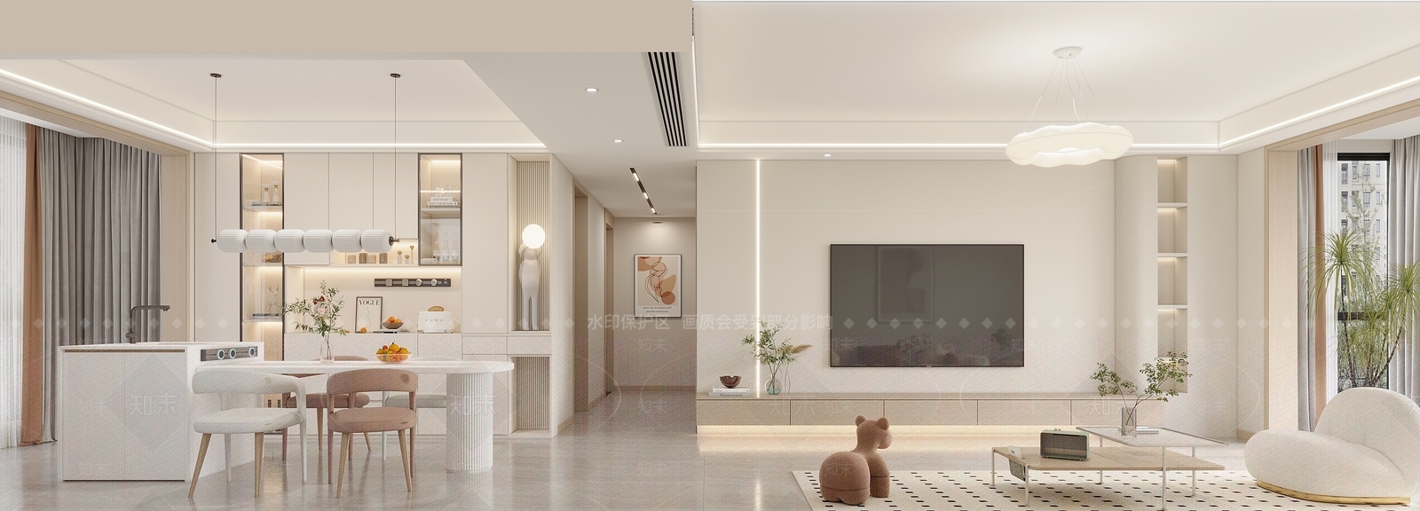 现代奶油风客餐厅SU模型下载【ID:1155134336】