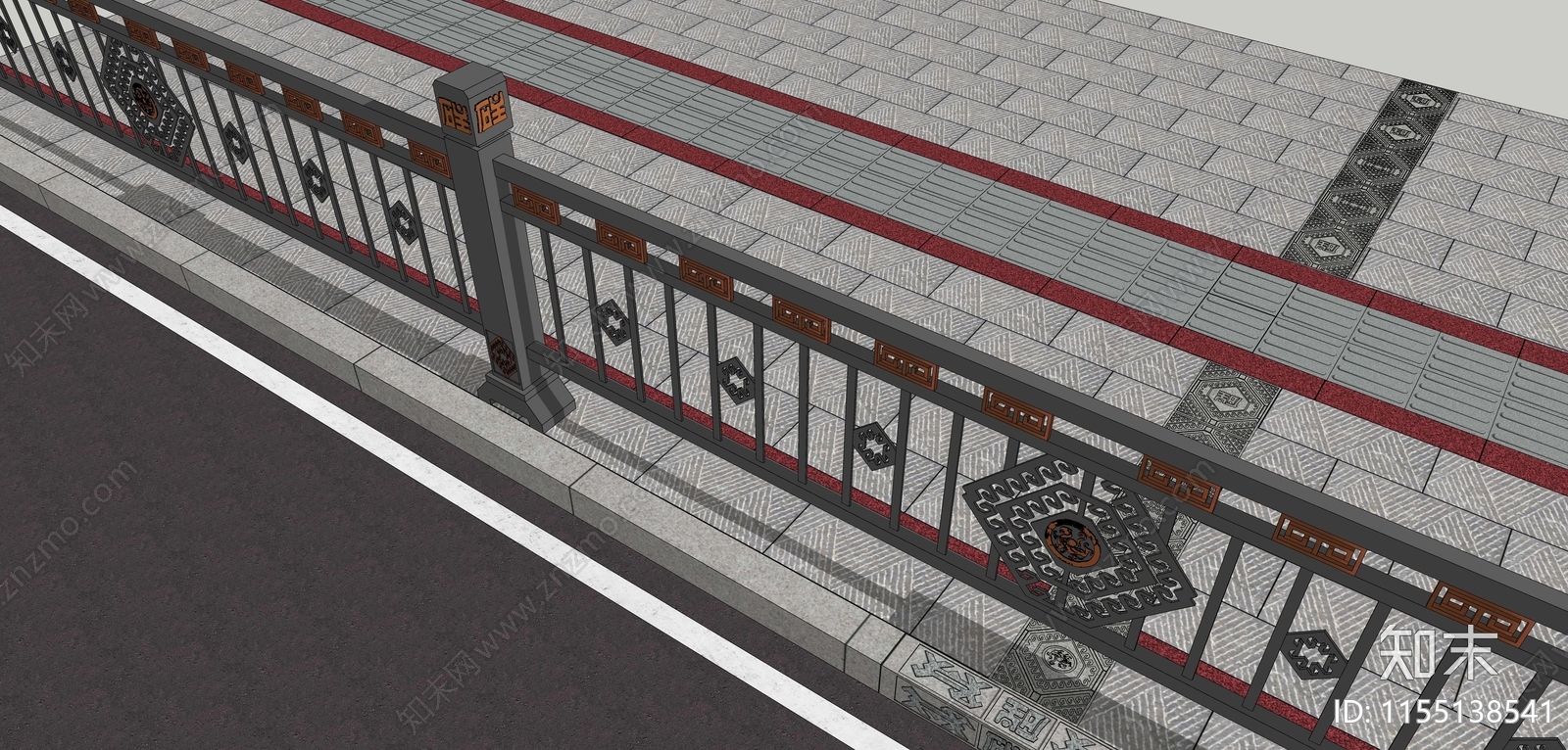 新中式特色市政金属栏杆SU模型下载【ID:1155138541】