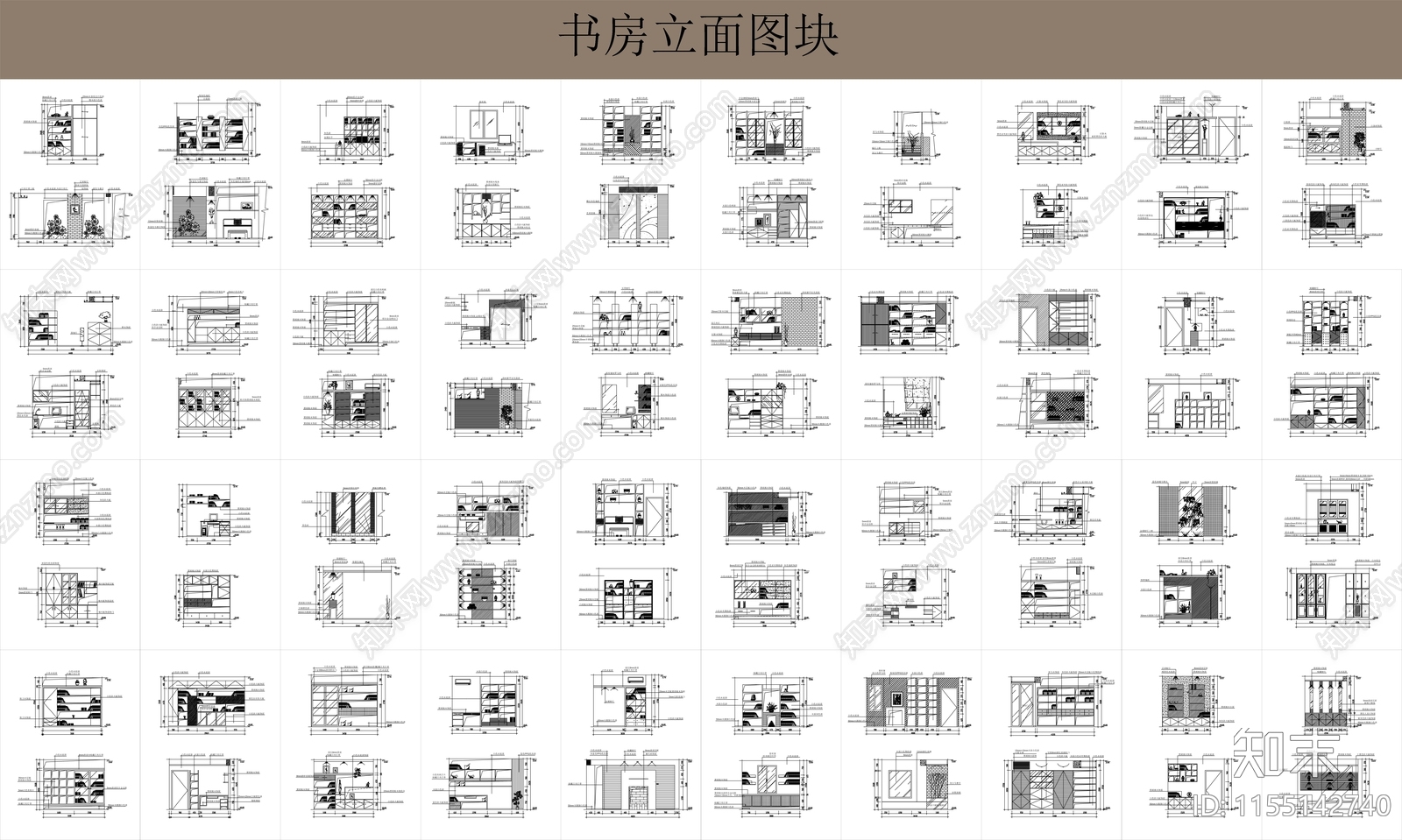 书房背景墙立面图块施工图下载【ID:1155142740】