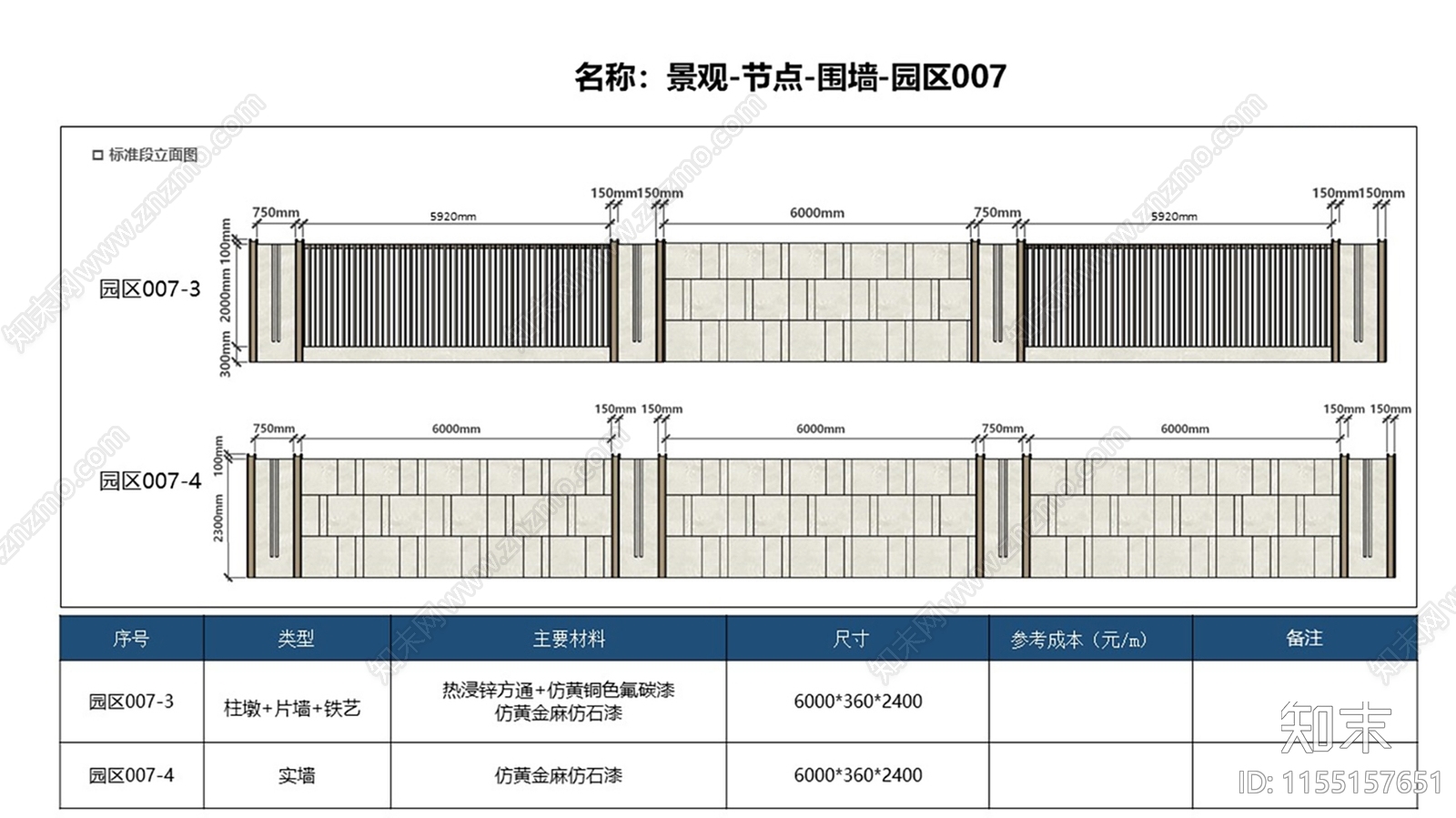 景观围墙cad施工图下载【ID:1155157651】