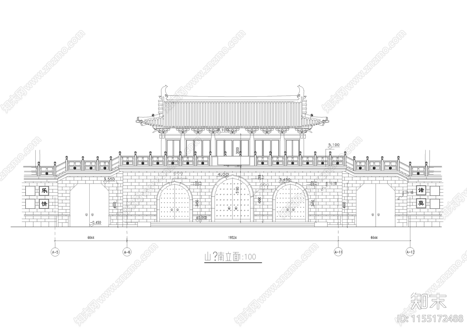 仿古山门建cad施工图下载【ID:1155172488】