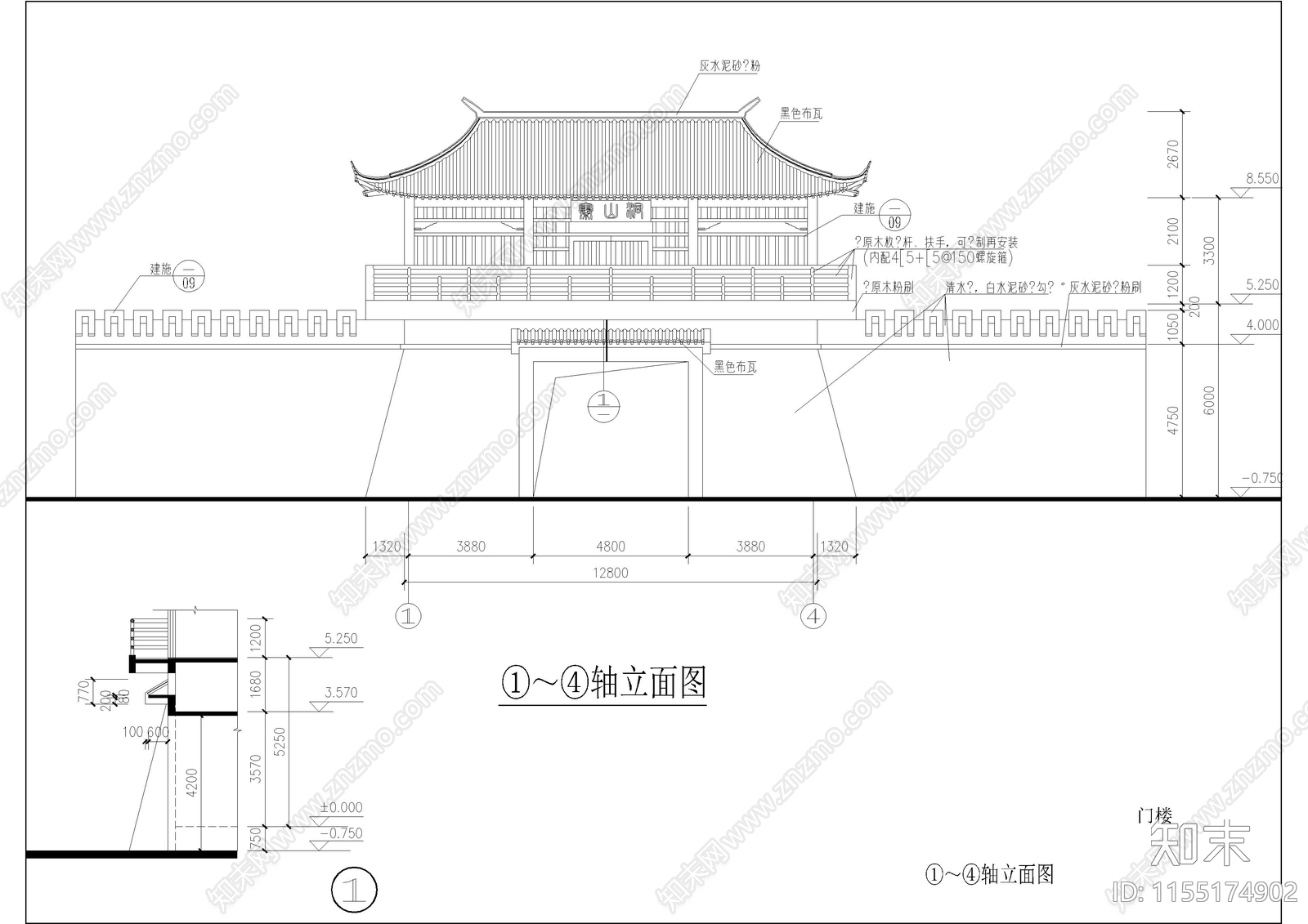 两层的山门建施图cad施工图下载【ID:1155174902】