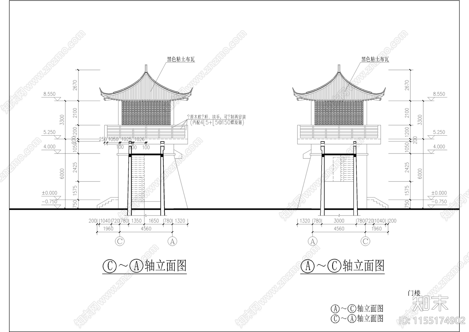 两层的山门建施图cad施工图下载【ID:1155174902】