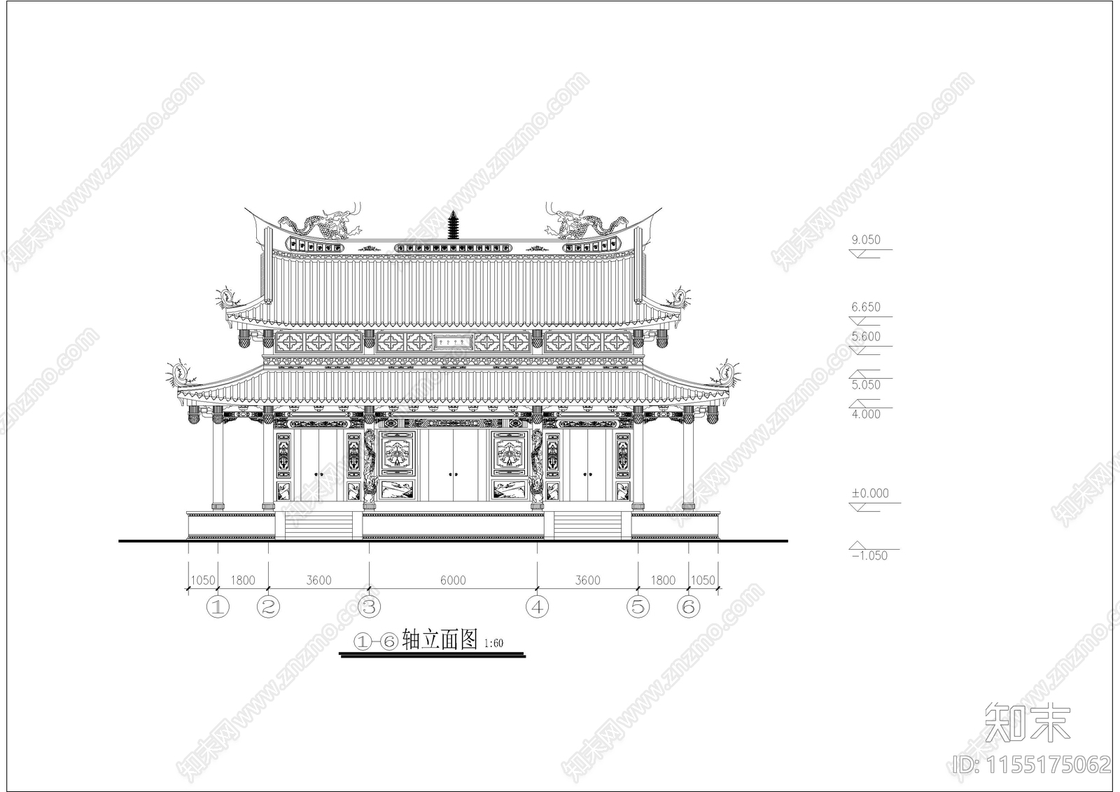 龙山寺平立面方案图cad施工图下载【ID:1155175062】