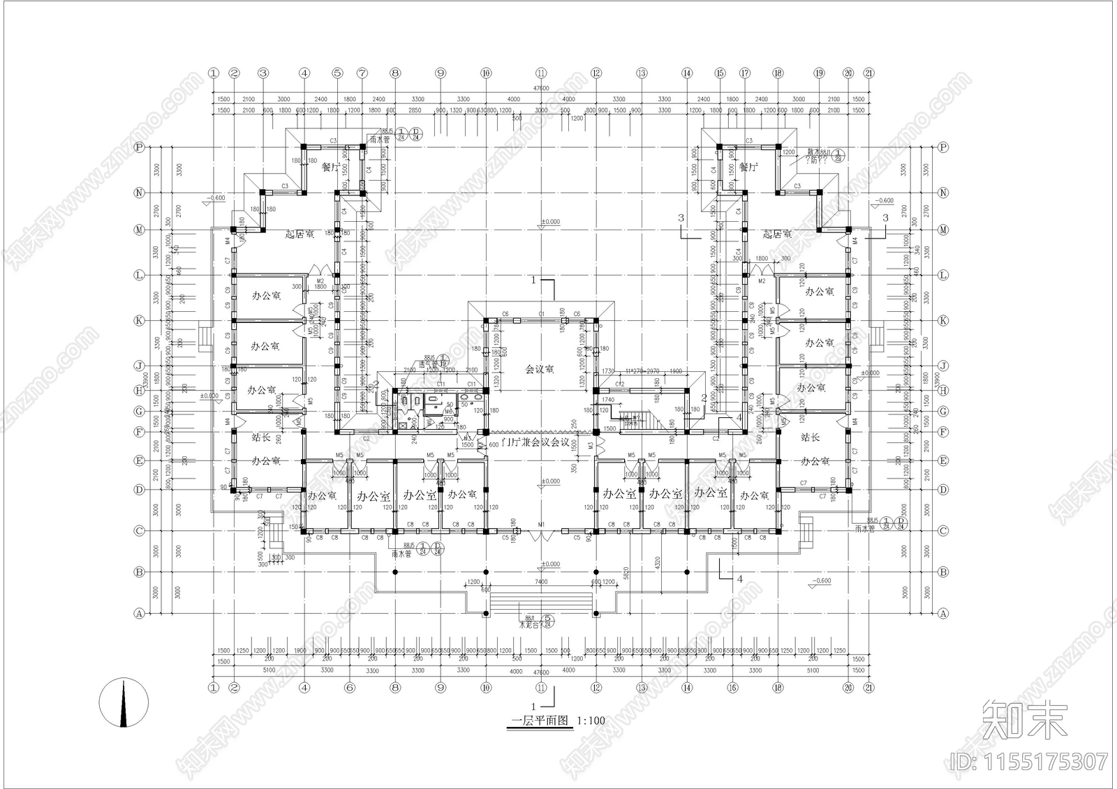 某仿古建筑办公楼cad施工图下载【ID:1155175307】