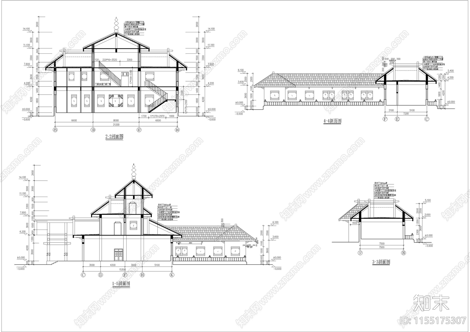 某仿古建筑办公楼cad施工图下载【ID:1155175307】