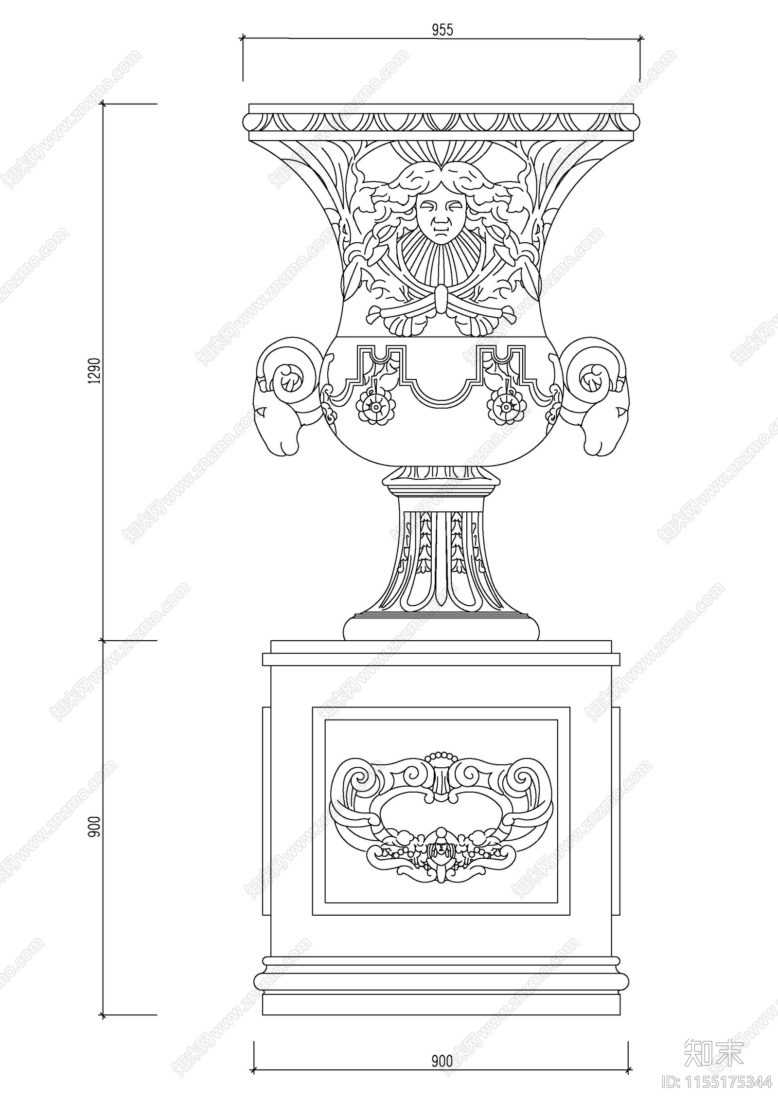 欧式花盆cad施工图下载【ID:1155175344】