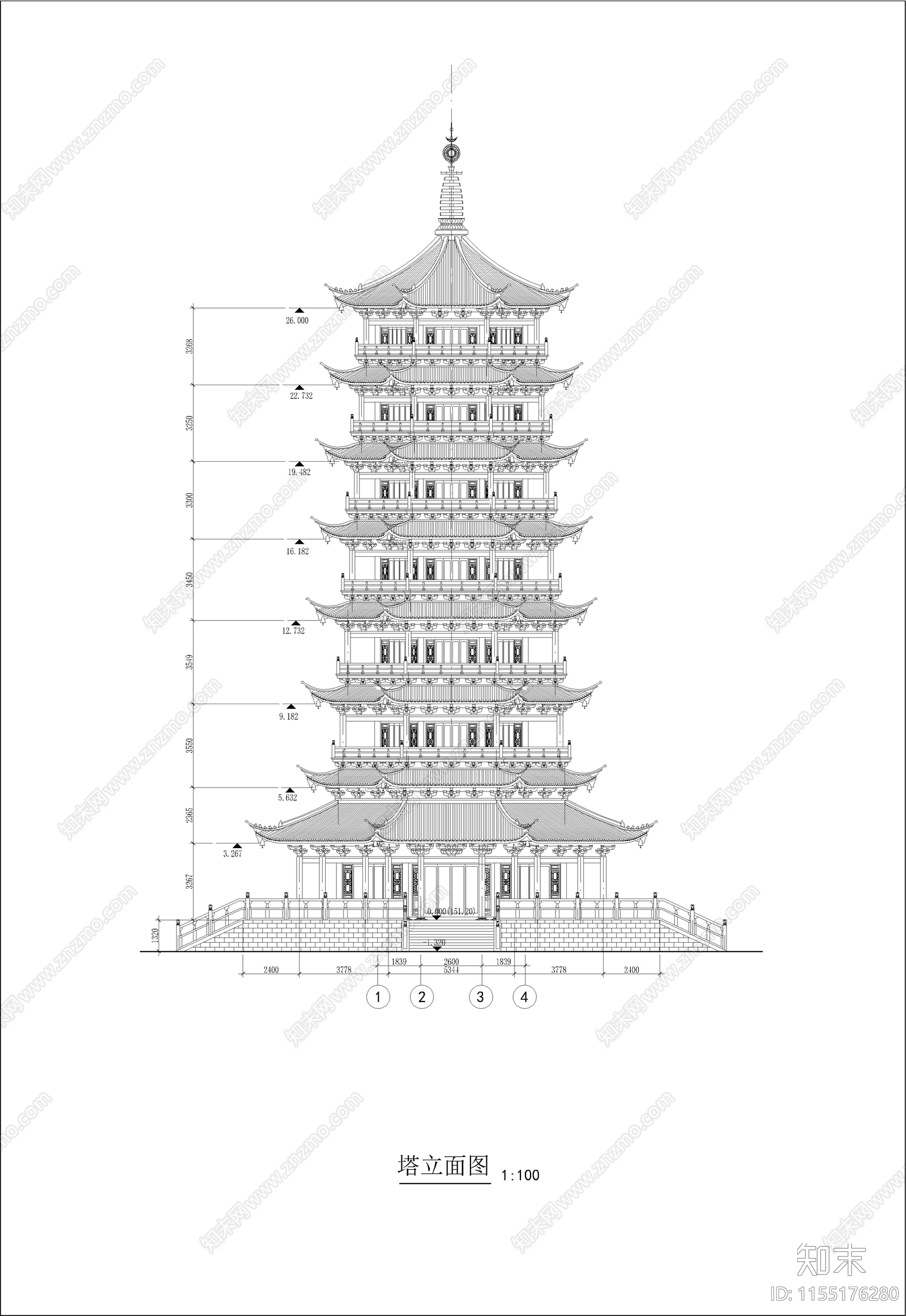 七层仿古佛塔建cad施工图下载【ID:1155176280】