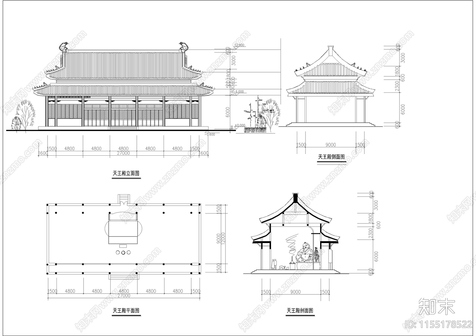 寺庙天王殿平立剖cad施工图下载【ID:1155178522】