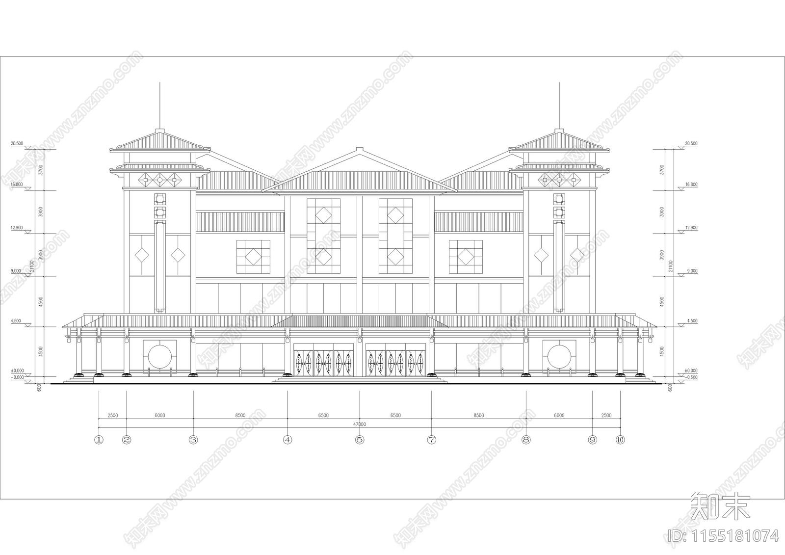 现代仿古建筑服务中心cad施工图下载【ID:1155181074】