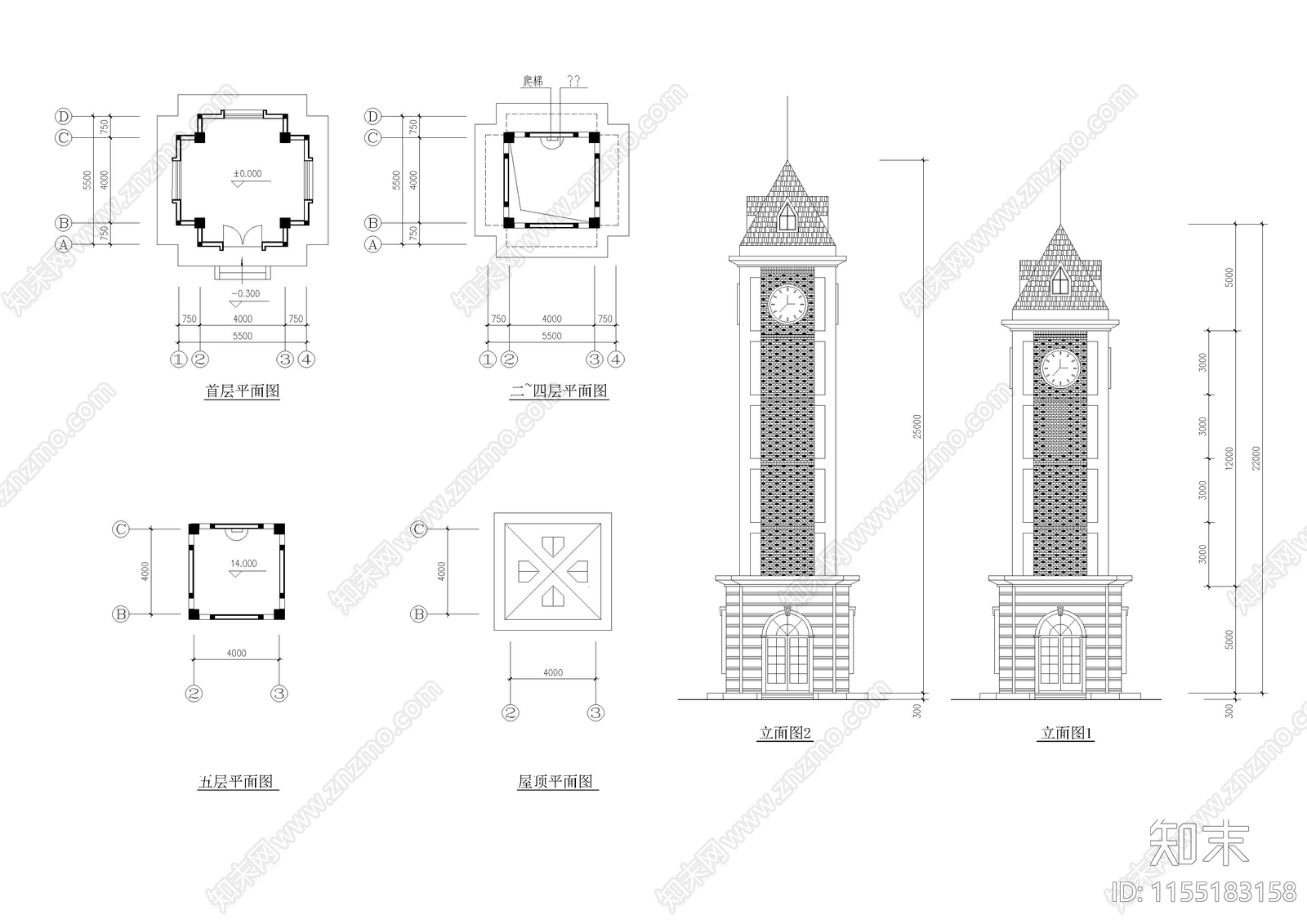 钟楼建cad施工图下载【ID:1155183158】