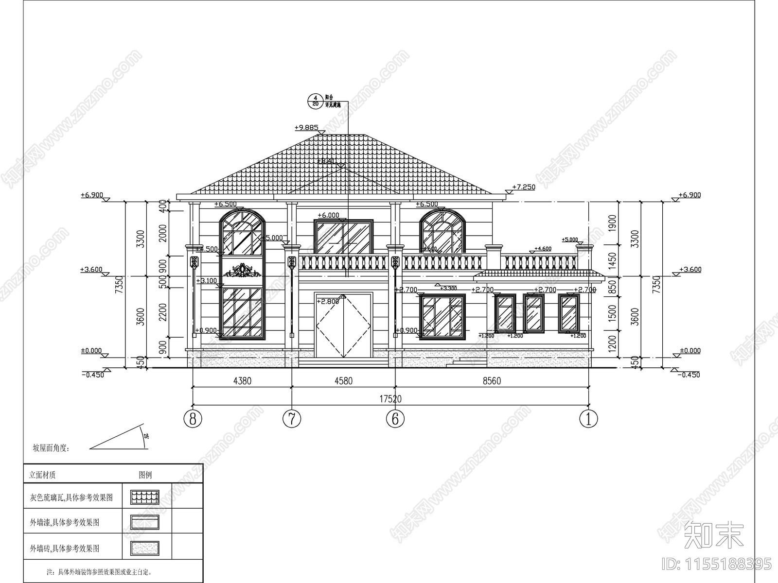 欧式两层独栋别墅建cad施工图下载【ID:1155188395】