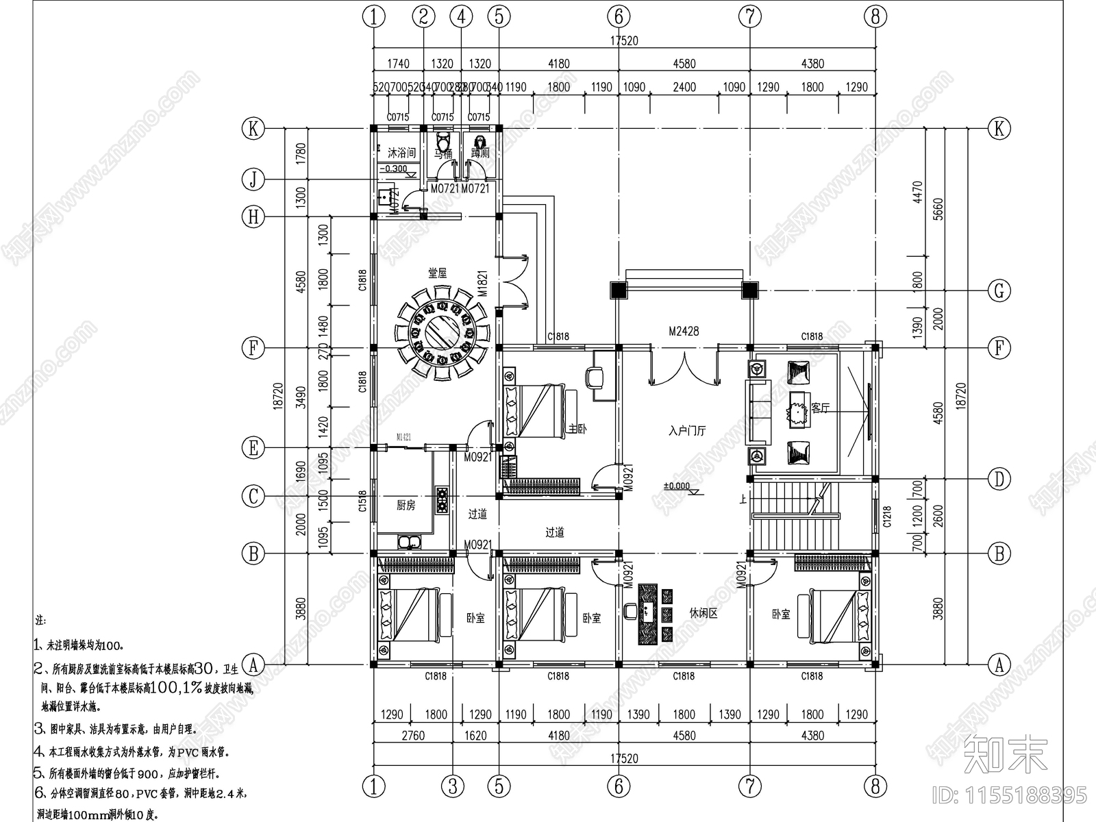 欧式两层独栋别墅建cad施工图下载【ID:1155188395】