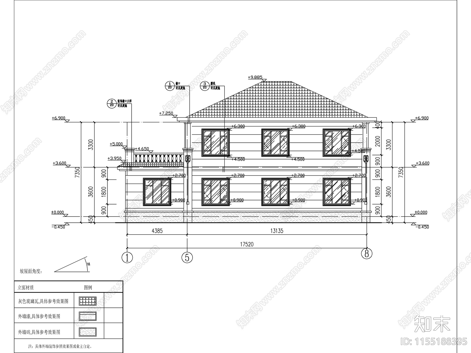 欧式两层独栋别墅建cad施工图下载【ID:1155188395】